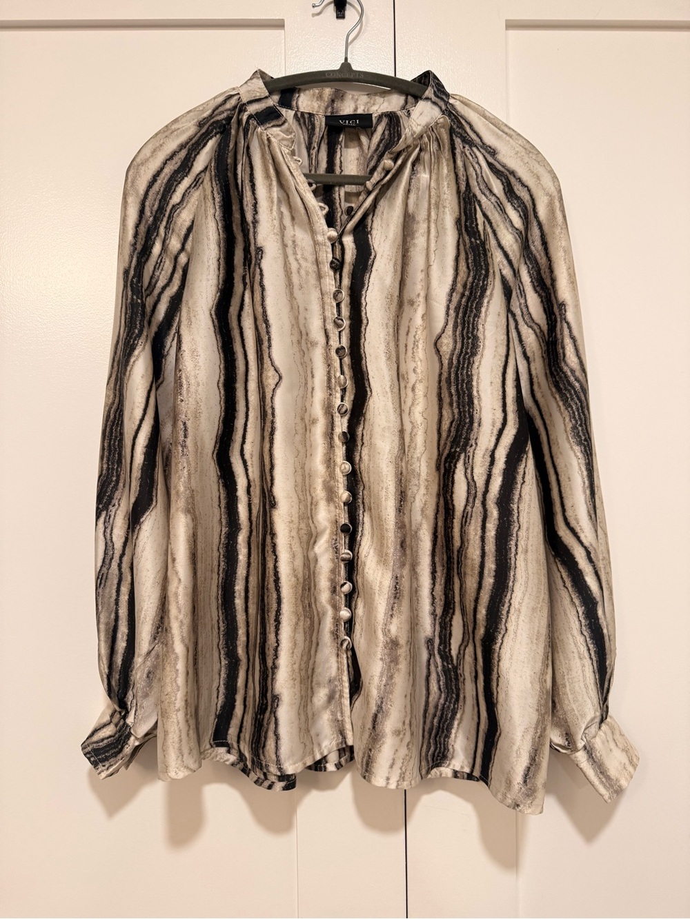 Vici Button-Front Marble Stripe Blouse - Black & Cream